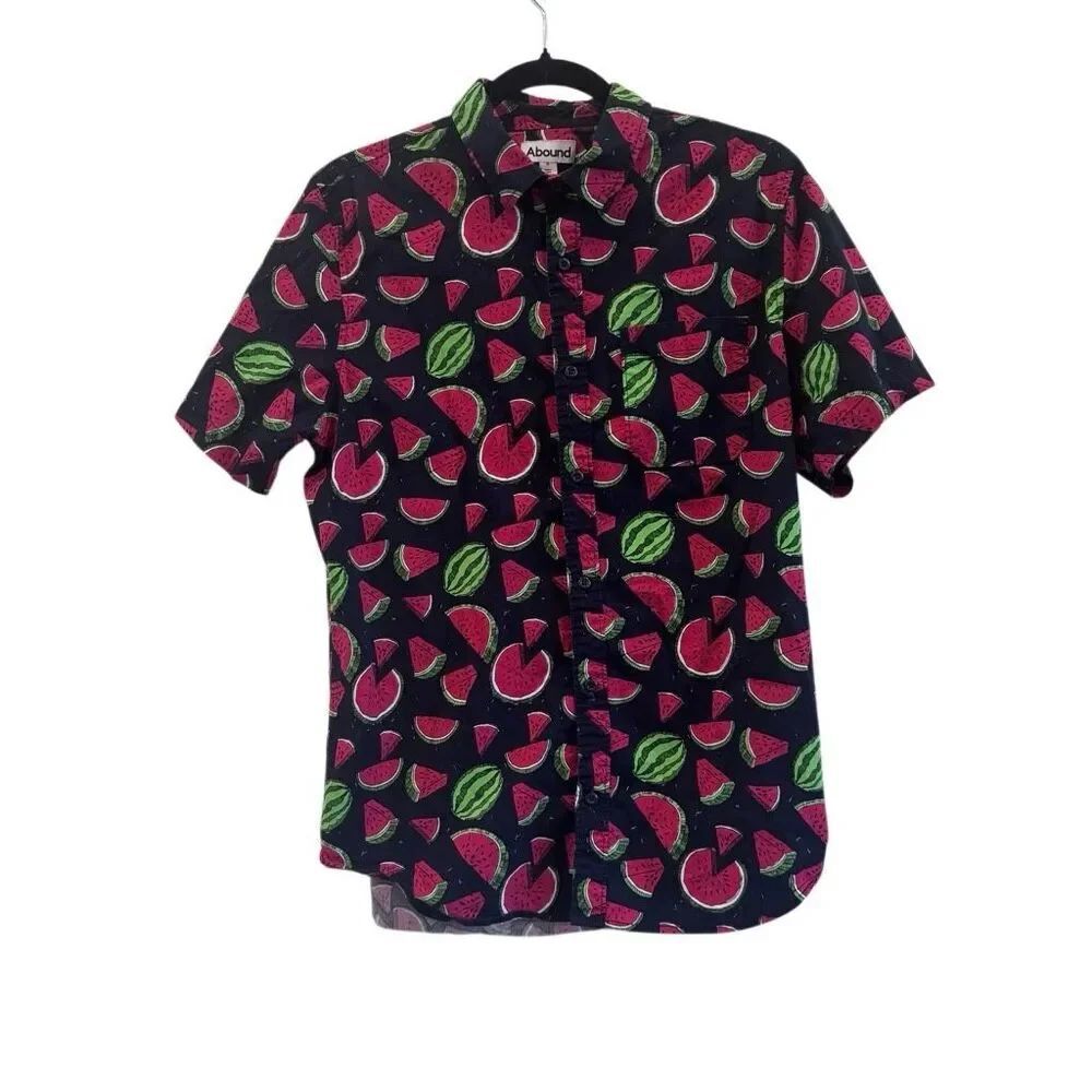 Abound Men’s Medium Watermelon Print Button Up Shirt Black Short Sleeve Novelty